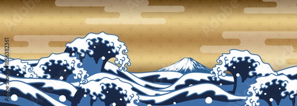 Obraz 浮世絵風の波と富士山、ゴールド和風背景　横長