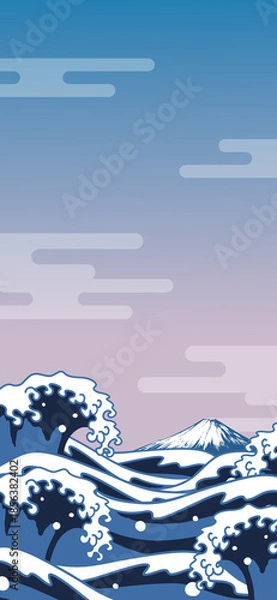 Obraz 浮世絵風の波と富士山の和風背景　縦型