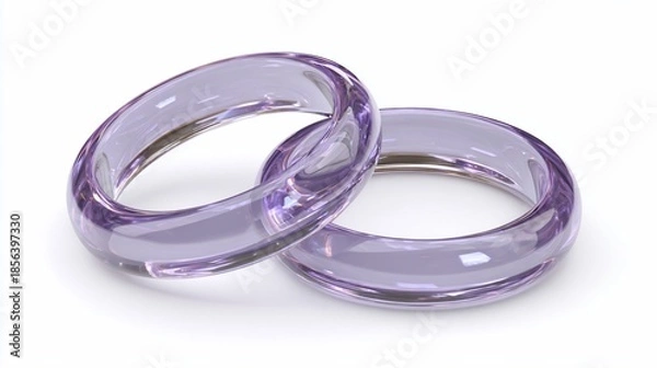 Fototapeta Two translucent, lavender-hued rings, intertwined, casting subtle shadows on white backdrop