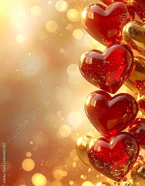Obraz ルビーのように煌めくハートの縦型背景：黄金の光とボケ味が彩るラグジュアリーな空間