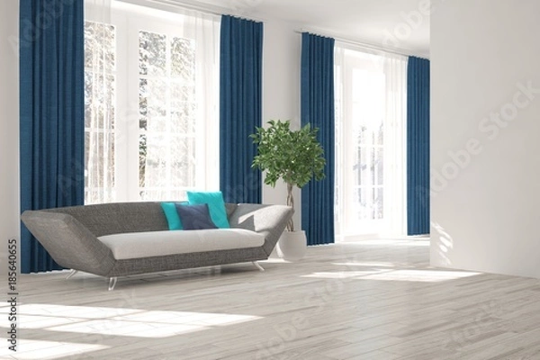 Fototapeta White room with sofa and winter landscape in window. Scandinavian interior design. 3D illustration