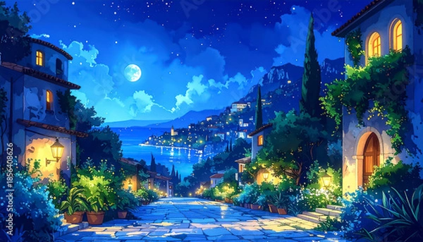 Obraz  夜の海辺の町__generated by AI