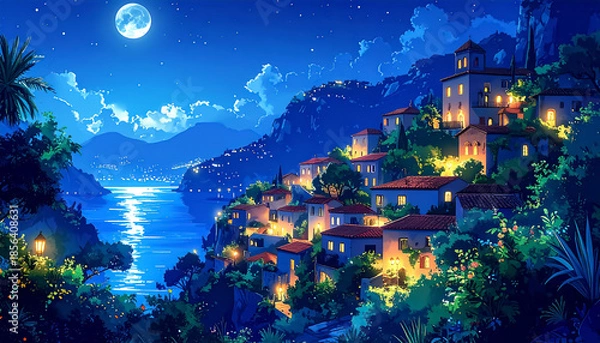 Obraz  夜の海辺の町__generated by AI