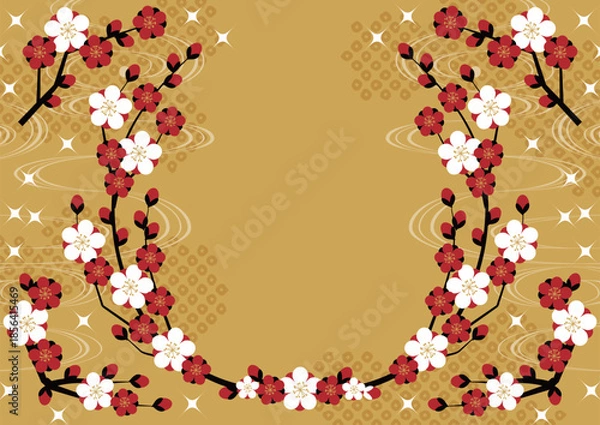 Obraz 梅が枝リース背景、横、金、かわいい、イラスト、和風