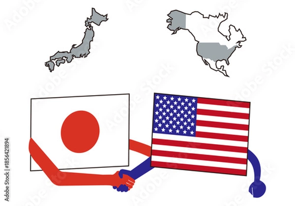 Obraz 日本とアメリカの地図、国旗、日米同盟のイメージ