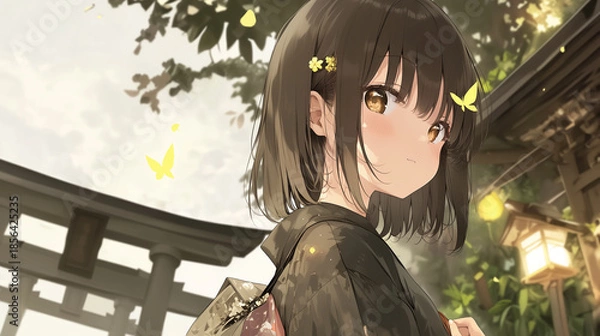 Obraz 神社で振り返る和服のアニメ風美少女と舞う蝶の幻想的イラスト