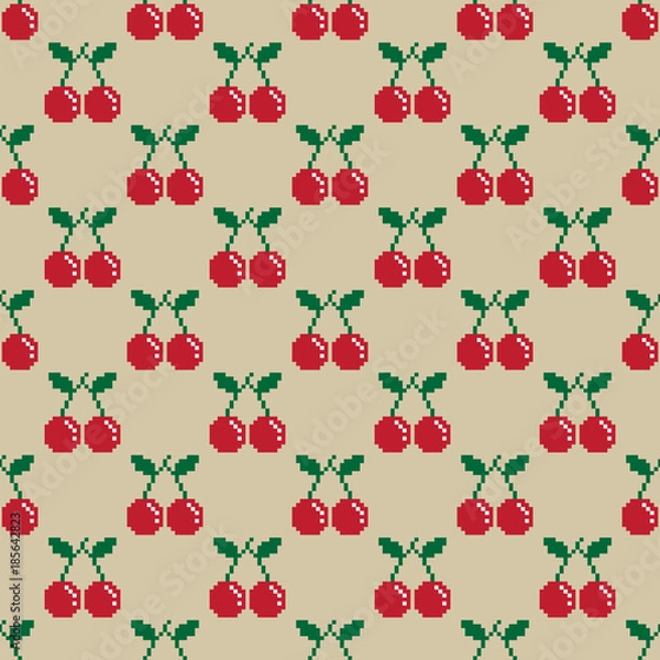 Fototapeta Cherry Pixel Vector Seamless Pattern fruit illustration isolated wallpaper background