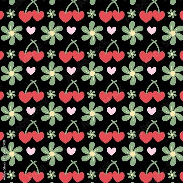 Obraz Cherry Heart Seamless Pattern on Black Background