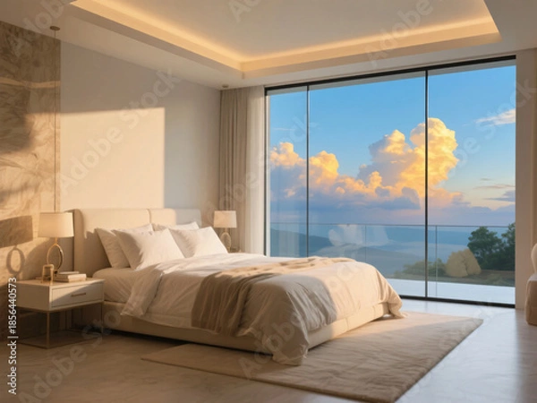 Obraz Modern Big Window Bedroom Apartment with Magnificent Sky