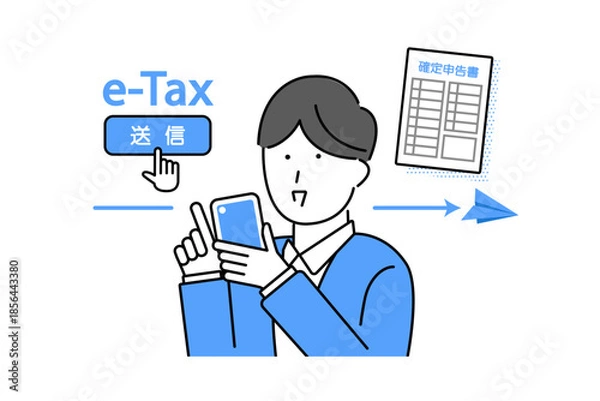 Obraz スマホを使ってイータックスを利用する男性のイメージイラスト