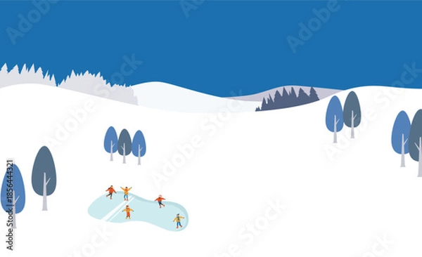 Obraz 広大な冬の自然とスケートをする人たちの背景イラスト