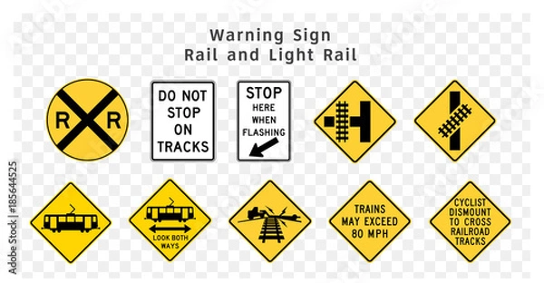 Fototapeta Road sign. Warning. Rail and Light Rail.  Vector illustration on transparent background
