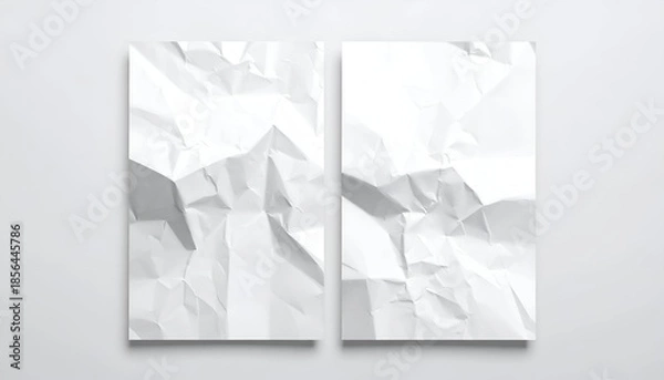 Fototapeta Two vertically-oriented, crumpled white paper sheets on a light backdrop