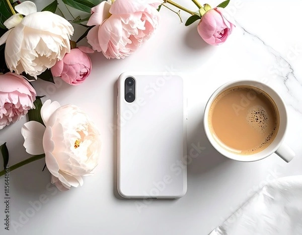 Obraz Smartphone, coffee, and peonies arranged on a white marble surface