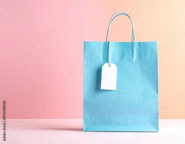 Obraz A light blue gift bag with a white tag, set against a pink-orange gradient