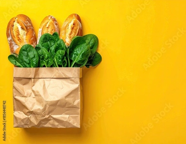 Obraz Bag of groceries on yellow; bread and spinach