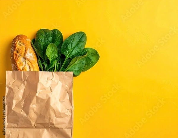 Obraz Brown paper bag overflowing with spinach & bread, set against bright yellow