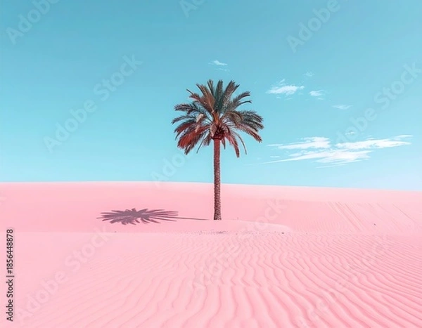 Obraz Palm tree casts shadow on pink sand dune, azure sky, serene desert scene
