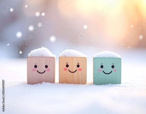 Obraz Three smiling blocks in snow, capped with snowflakes, lit by golden light