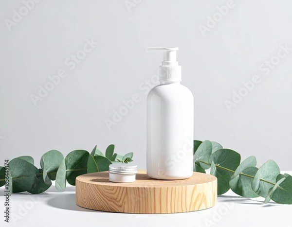 Obraz Clean, minimal spa setup bottle & jar on wood with eucalyptus
