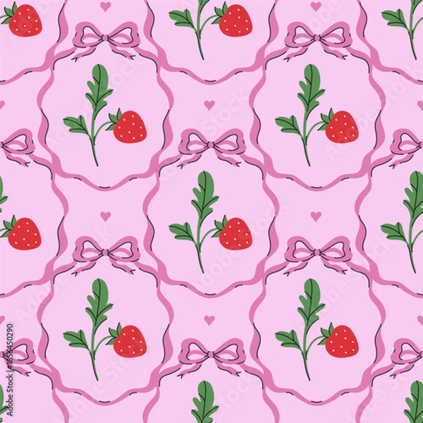 Obraz Seamless pattern with strawberries and bows on a pink background. Vector graphics.