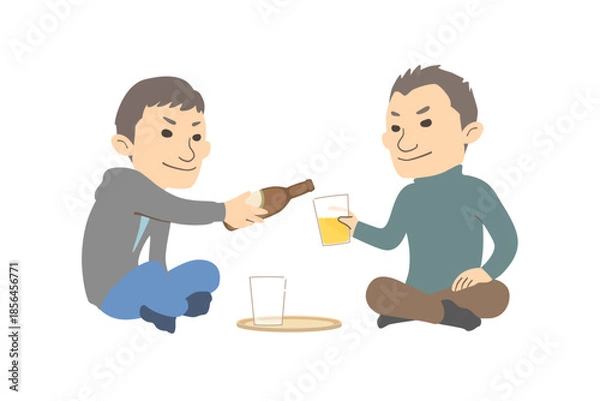 Obraz あぐらをかいてサシ飲みする親子