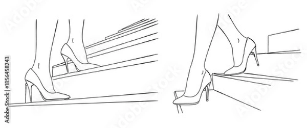 Obraz ハイヒールで階段を上る女性の足元の線画｜挑戦と成長