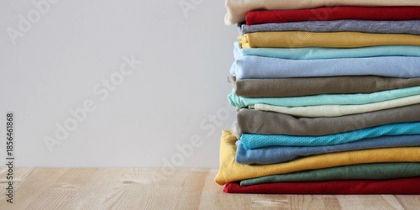 Fototapeta Stack of folded colorful clothes on light wooden table
