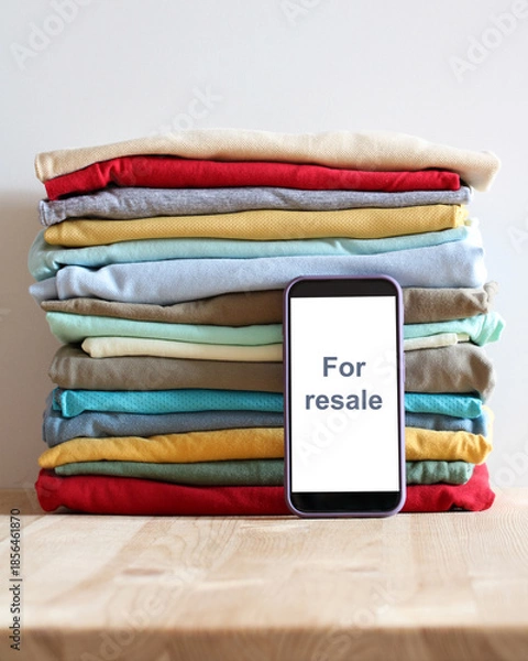 Fototapeta Stack of old clothes for resale with smartphone app