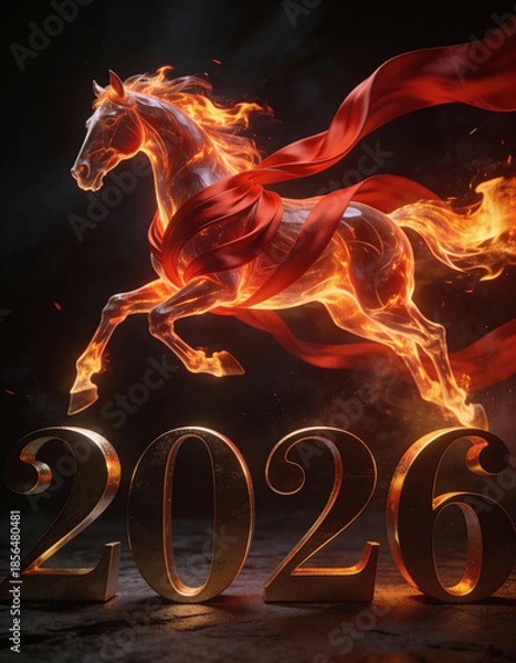 Obraz Artistic abstract horse made of glowing red silk and flowing fire, leaping over “2026” on a dark background, cinematic high-contrast lighting, symbolizing speed, success, and power