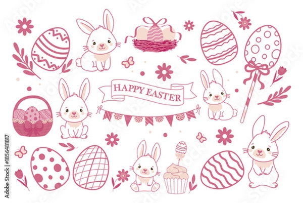 Obraz Cute Easter Bunny and Eggs Vector Illustration