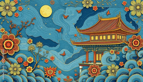 Fototapeta Oriental pattern. Oil painting. Pattern for printing on wall decorations, covers, leaflets, business cards
