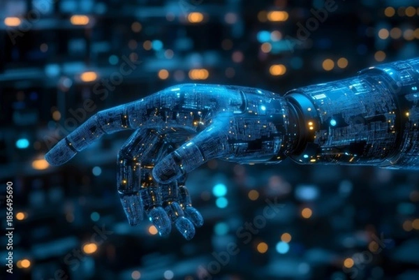 Obraz Exploring artificial intelligence and machine learning through a robotic hand in a digital environment showcasing technology and network integration