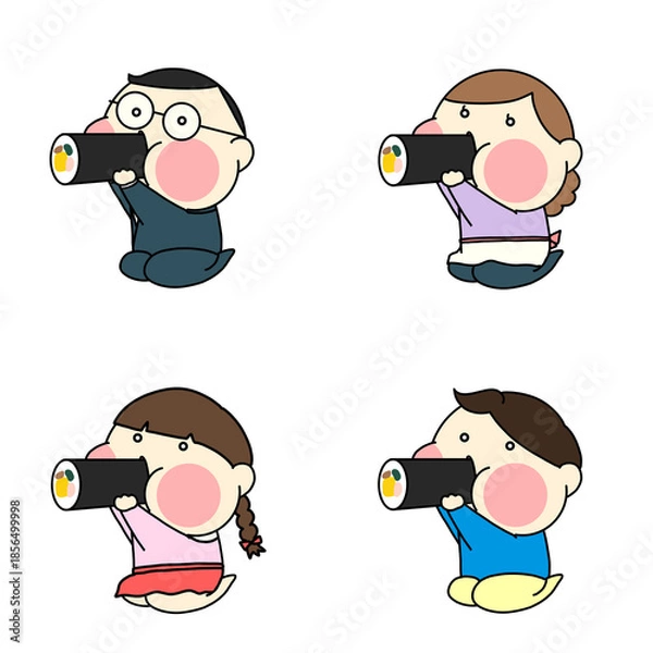 Obraz 節分で恵方巻きを食べている家族のイラストセット