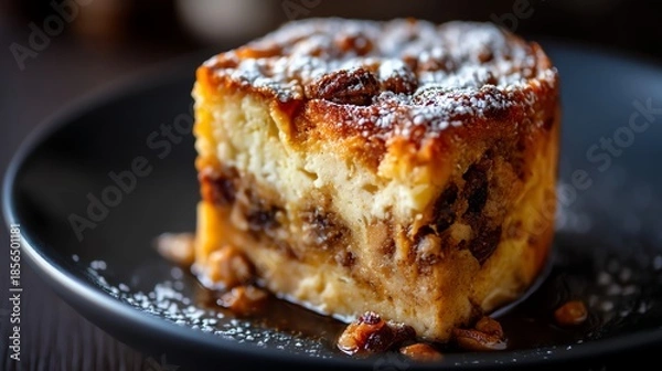 Obraz Holiday bread pudding with powdered sugar topping