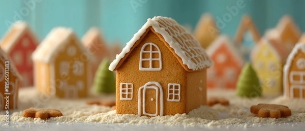 Obraz Traditional gingerbread house baking and decorating scene