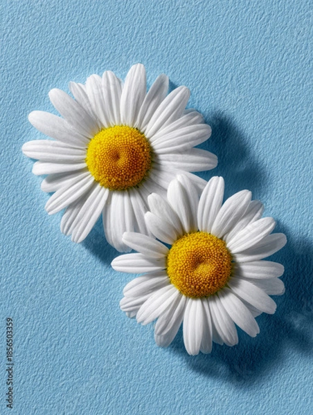 Fototapeta Two daisies on blue textured background, casting shadows.