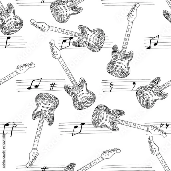 Fototapeta Electric guitars pattern with notes hand drawn