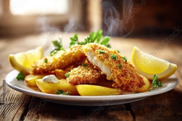 Fototapeta Comforting seafood dish: breaded fish and potatoes on a wooden board