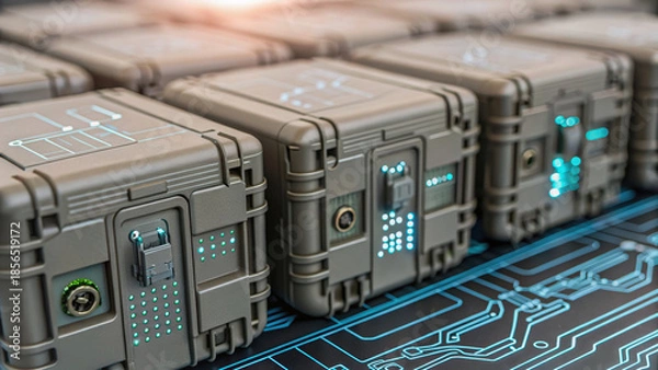 Obraz Zero trust security architecture. Secure storage containers with digital circuit patterns symbolize advanced technology