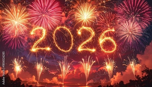 Obraz 2026 New Year Fireworks Celebration with Glowing Sparkler Numbers in Red Night Sky