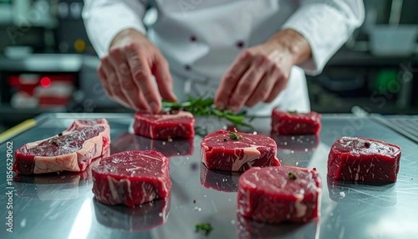 Obraz Chef Preparing Raw Meat with Herbs in Kitchen.