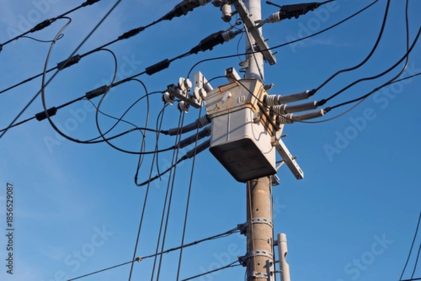 Obraz 青空にそびえる電柱最上部の高圧柱上開閉器と配線、電力供給インフラの風景