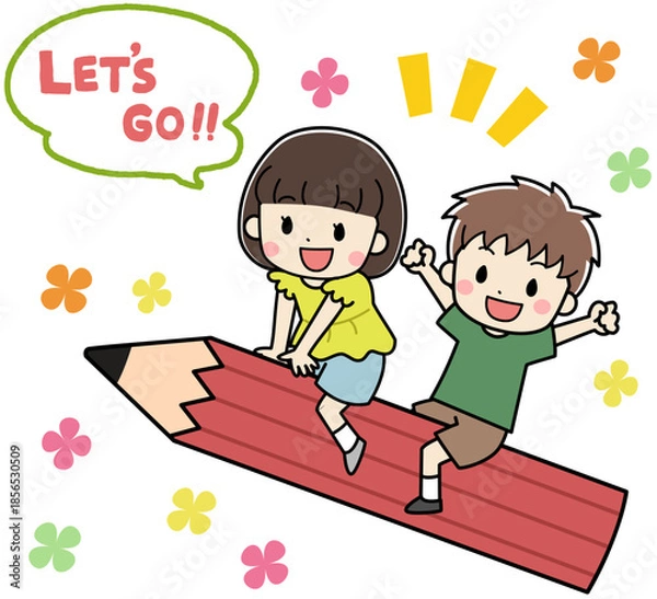 Obraz 大きな鉛筆に乗る子供たちのイラスト