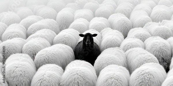 Obraz Conceptual composition: one black sheep framed between two rows of white sheep, visualizing being different. 