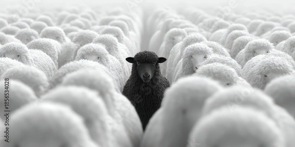 Obraz Conceptual composition: one black sheep framed between two rows of white sheep, visualizing being different. 