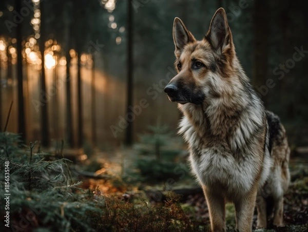 Obraz german shepherd in a forest at sunset
