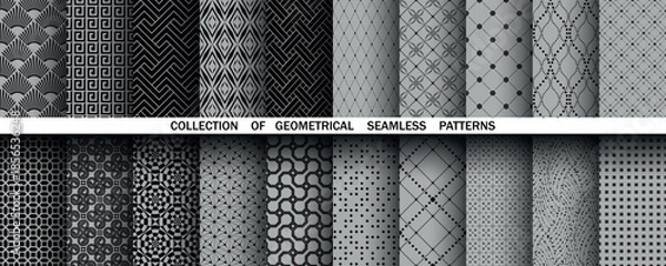 Fototapeta Geometric set of seamless black and gray patterns. Simple vector graphics