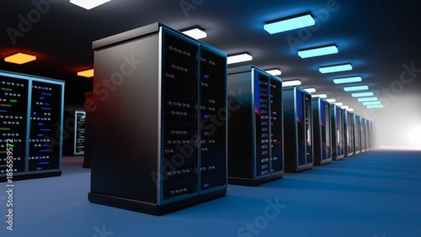 Fototapeta Server. Server data center. Backup, mining, hosting, mainframe, farm and computer rack with storage information. 3d rendering