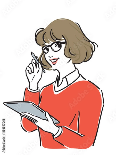 Obraz ウエーブヘアでメガネ赤いセーターの女性